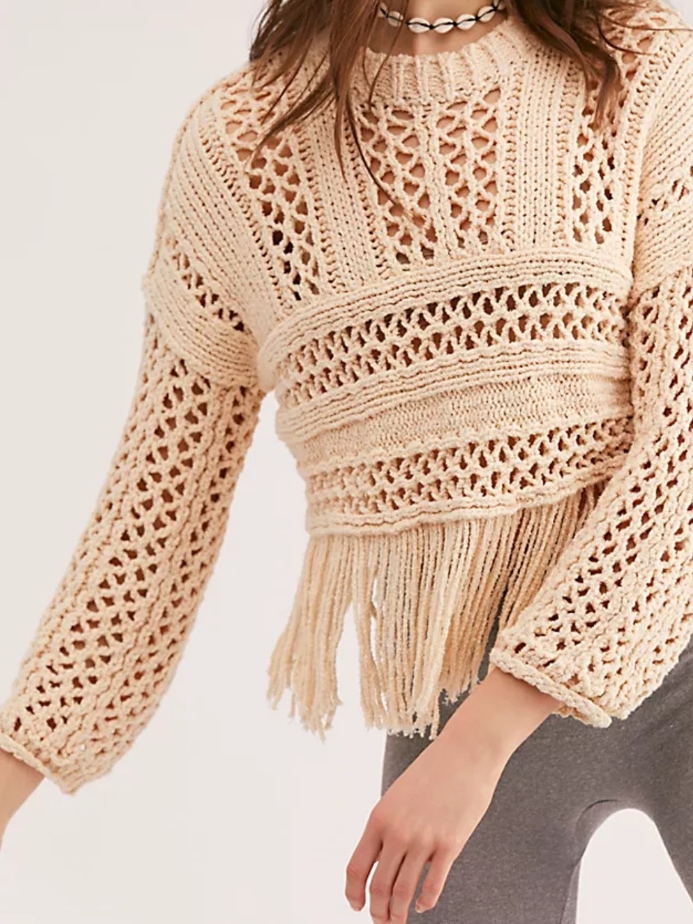 Free People Higher Love Open-Knit Fringe Sweater Cream Boho Festival Oversized